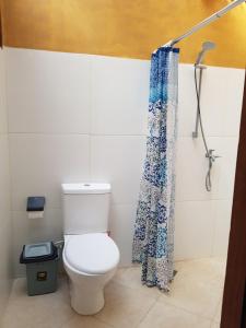 a bathroom with a toilet and a shower curtain at Bidara Cottage in Labuhan Pandan