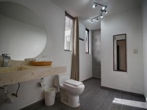 a bathroom with a toilet and a sink and a mirror at Hotel Punto 79 in San Miguel de Allende