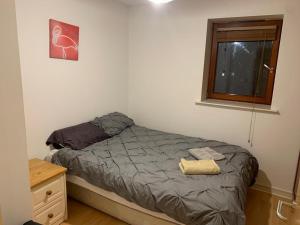 1 cama pequeña en un dormitorio con ventana en Perfect Airport Apartments, en Dublín