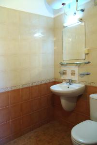 a bathroom with a sink and a toilet and a mirror at Central Family Hotel in Haskovo