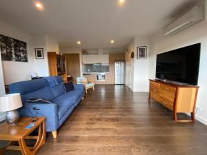 Beach Life في Aspendale: غرفة معيشة مع أريكة زرقاء وتلفزيون