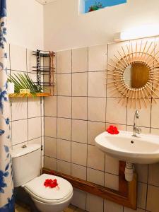 ein Badezimmer mit einem WC, einem Waschbecken und einem Spiegel in der Unterkunft Pension Mave Mai in Nuku Hiva