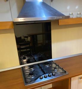 a stove top oven sitting in a kitchen at Maria Apartament in Sinaia