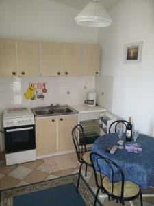 uma cozinha com uma mesa com uma toalha de mesa azul em Apartments Vjeko - 200 m from sea em Nin