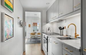 een keuken met een spoelbak en een aanrechtblad bij Apartment Skudehavnen Rudkøbing Vi in Rudkøbing