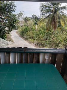 a balcony with a view of a road and a palm tree at Titanic's Nipa Hut in Moalboal