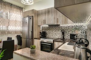 eine Küche mit einem Kühlschrank aus Edelstahl und einer Spüle in der Unterkunft Little Gem in Zakynthos