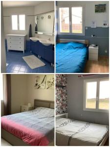 vier foto's van een slaapkamer met een bed en een wastafel bij Prignac en médoc-maison-6 pers-3ch-piscine chauffée 