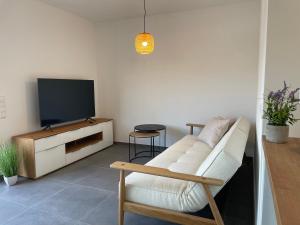 ein Wohnzimmer mit einem Sofa und einem TV in der Unterkunft Ferienwohnung im Ängerle in Nonnenhorn