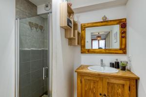 ein Bad mit einem Waschbecken, einem Spiegel und einer Dusche in der Unterkunft Le Repaire de l'Ours - 10min des pistes in Domancy
