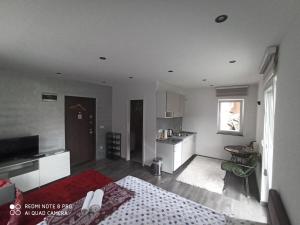 a living room with a bed and a kitchen at Apartmani Kula in Tuzla +25 photos