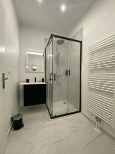 La salle de bains est pourvue d'une douche en verre et d'un lavabo. dans l'établissement Duplex-By Aurelle 1-WIFI-10 mn Strasbourg Centre-Proche Parlement Européen, à Schiltigheim