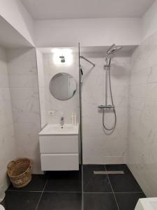 een witte badkamer met een douche en een wastafel bij City Center Accommodation - 404 in Reşiţa