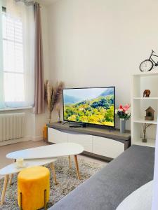 un salon avec une télévision à écran plat sur une armoire dans l'établissement LYON Full Entier Appartement, à Lyon