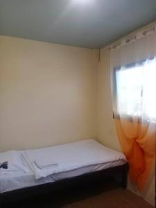 ein kleines Schlafzimmer mit einem Bett und einem Fenster in der Unterkunft Z&j Transient House in Butuan