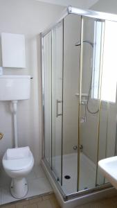 y baño con ducha, aseo y lavamanos. en Hotel Venezia Beach, en San Mauro a Mare