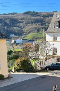 a flock of birds sitting on a tree in front of a house at Ferienwohnung Christa in Bullay