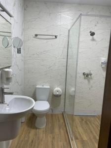 La salle de bains est pourvue d'une douche, de toilettes et d'un lavabo. dans l'établissement Fortetsya, à Khmelnytsky