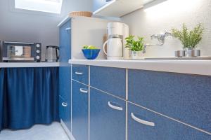 a kitchen with blue cabinets and a sink at Haus Hüttmann Hütt 2 in Malente