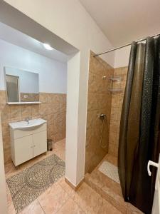 a bathroom with a shower and a sink at Cabana Lirca in Răstoliţa