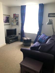 a living room with a couch and a television at Flat G, 8 Castle Street in Ludlow