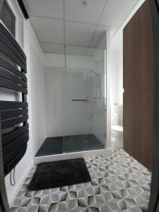 a bathroom with a shower with a glass door at Charmant T2 rénové et climatisé chez Cathy in Ceyrat