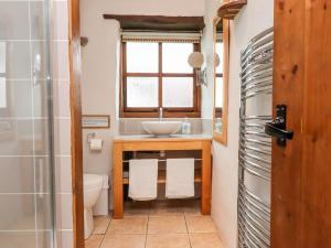 a bathroom with a sink and a toilet and a window at Two Shoes Cottage in Okehampton +24 photos