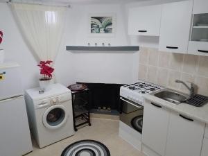 uma cozinha com uma máquina de lavar roupa e um lavatório em Mountain Kathikas apartments em Kathikas