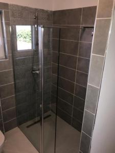 eine Dusche mit Glastür im Bad in der Unterkunft Apartments Delfin - sea view in Prvić Šepurine