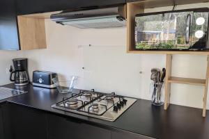 a kitchen with a stove top on a counter at Mobil-home Camping Mayotte 5* in Biscarrosse
