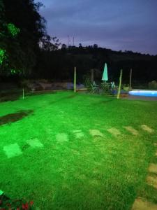 a large yard with green grass at night at Rancho dos Pássaros Amarelos in Campestre