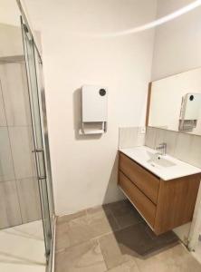 La salle de bains est pourvue d'un lavabo et d'une douche. dans l'établissement Atypique - Centre historique - Appartement 2 chambres, à Bourges