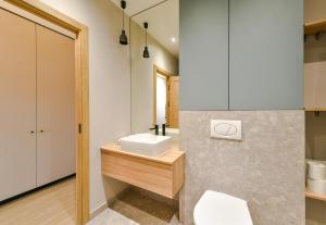 a bathroom with a sink and a mirror at Apartments near Ozas in Vilnius