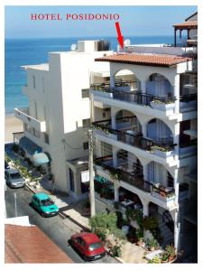 a building with a red arrow pointing to a hotel pokemon at Posidonio Hotel in Chania Town