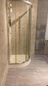 W łazience znajduje się prysznic ze szklanymi drzwiami. w obiekcie Evanelly lodge w mieście Gillingham