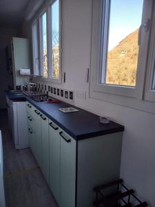 cocina con encimera y 2 ventanas en Beau appartement en résidence en Eaux-Bonnes