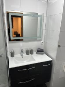 a bathroom with a sink and a mirror at Ferienwohnung Emilia in Cologne