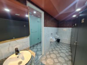 a bathroom with a sink and a shower and a toilet at Almaty Grand Erbil Hotel in Almaty
