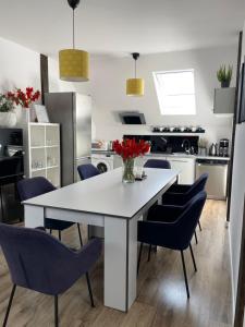 eine Küche mit einem weißen Tisch und blauen Stühlen in der Unterkunft Hanuszówka pokoje gościnne z łazienkami in Nysa