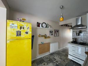 伊斯坦堡的住宿－Terrace Flat in the Kadikoy Center，一间厨房,里面配有黄色冰箱