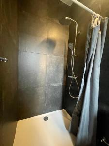 a bathroom with a shower with a shower curtain at SLEEP INN - Arizona flat with cityview in Antwerp