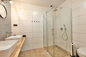 a bathroom with a shower and a toilet and a sink at Domek Apartament u Wilków na wyłączność Zakopane in Zakopane