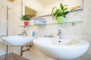 a bathroom with two sinks and plants on the wall at Broletto Park Apartment - Affitti Brevi Italia in Lecco +21 photos