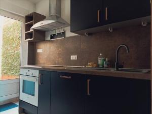 a kitchen with black cabinets and a sink at L'écume de mer in Le Tréport