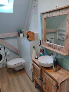 a bathroom with a sink and a toilet and a mirror at Entre Galets in Sauveterre