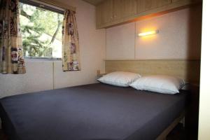 1 dormitorio con 1 cama con 2 almohadas y ventana en Harbers zonvakanties chalets met airco camping Leï Suves Roquebrune sur Argens, en Roquebrune-sur-Argens