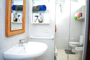 y baño con lavabo, aseo y espejo. en Habitacion doble con baño entrada privada para huéspedes en San Bartolomé