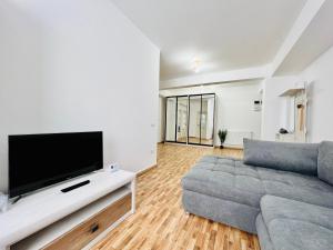 uma sala de estar com um sofá e uma televisão de ecrã plano em Altheda Living Brownie 29E-2 em Suceava