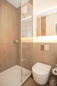 a bathroom with a toilet and a shower at Stylish apartment with free BaselCard in Basel