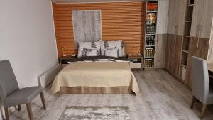 a bedroom with a bed and a book shelf at PanOli Apartmanház Nyíregyháza in Nyíregyháza +38 photos